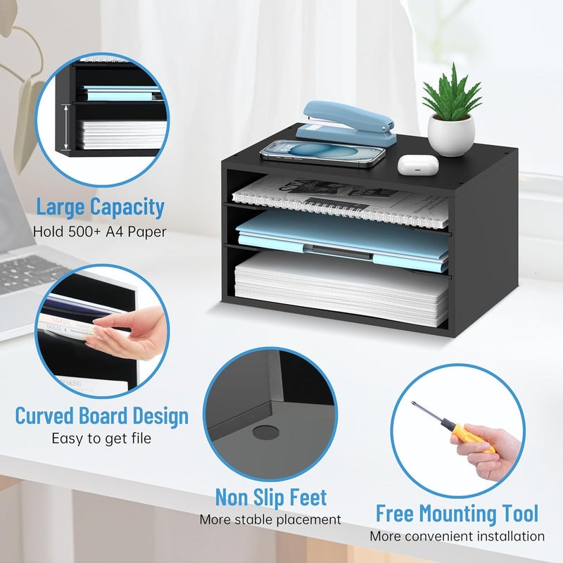 SHARKWOODS Wood Desk Organizer, 3 Tier Paper Tray Organizer for Desk with Adjustable Storage Shelves, Printer Stand Desktop File Organization Paper Sorter Mail Holder for Office Home Classroom, Black - Image 4
